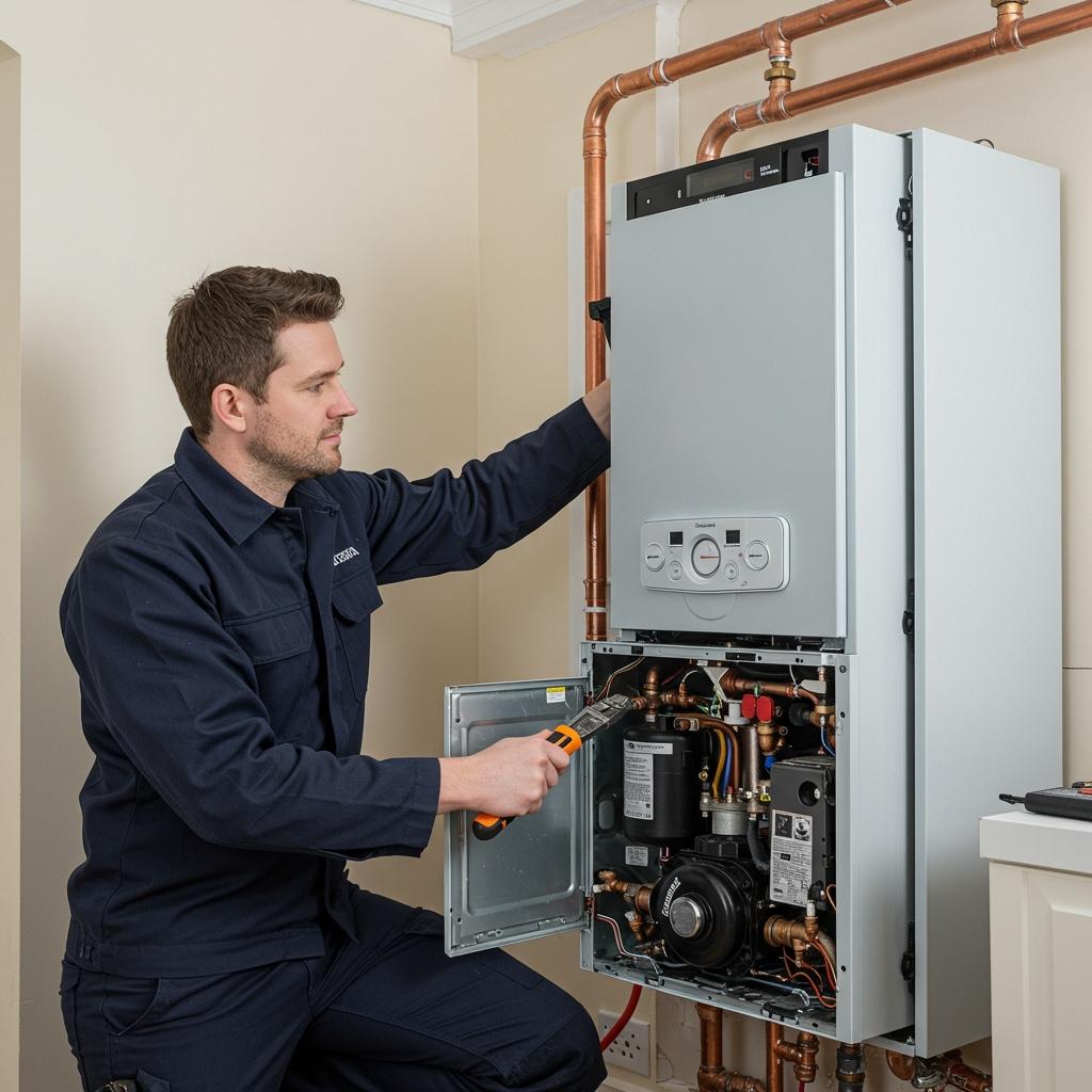Engineer repairing a modern boiler